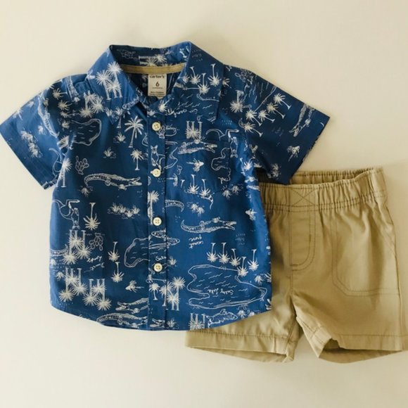Baby Boy Blue Shirt & Khaki Shorts Set Outfit - Picture 1 of 1